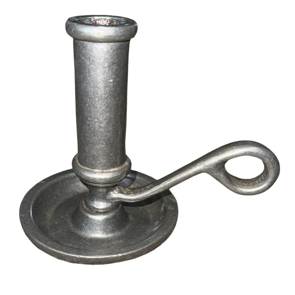 Vintage Carson Cast Metal Chamberstick Candle Holder Colonial Finger Loop Handle